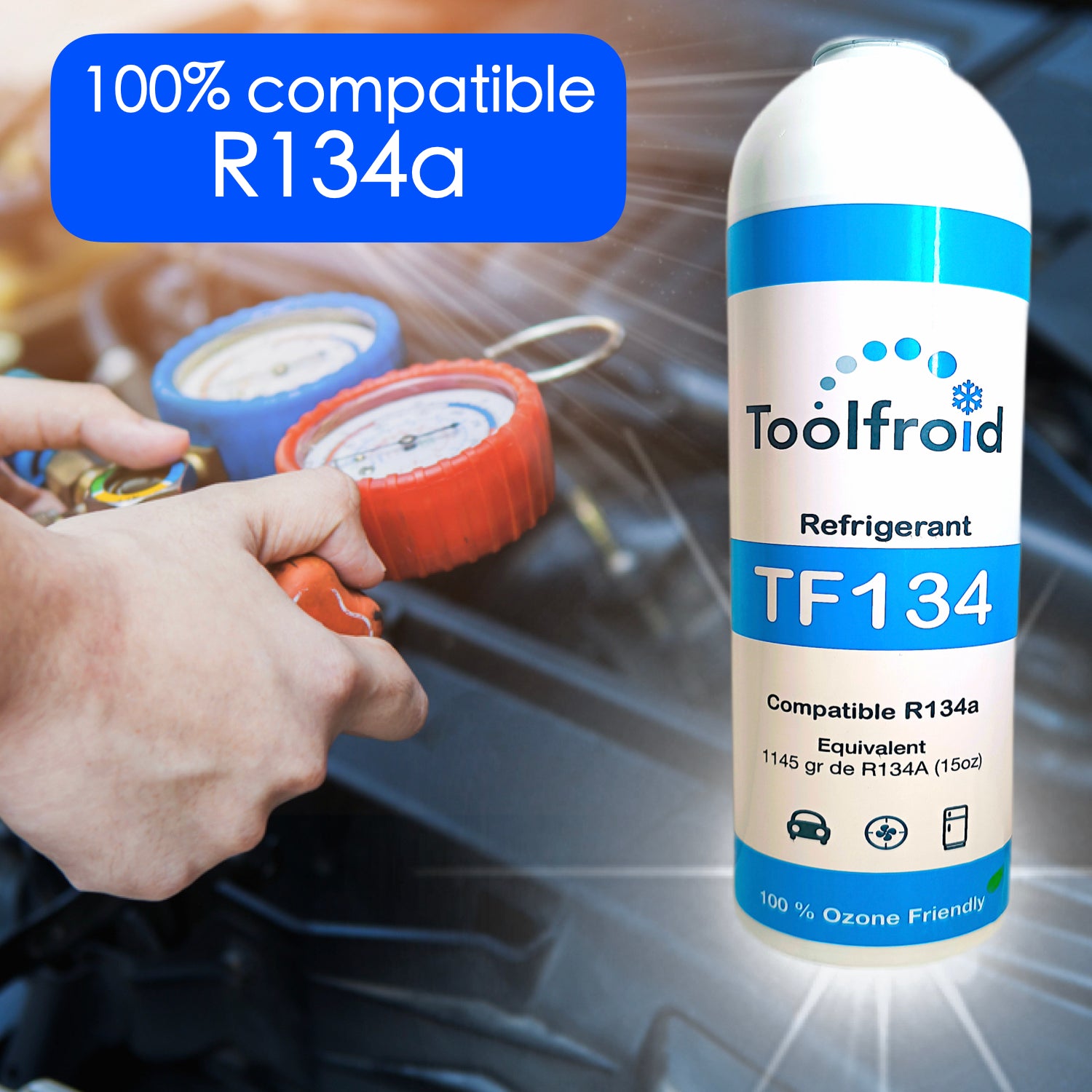 Kit De Recharge Climatisation Auto INfloo Quick A/C 3-en-1 - Gaz R134a + Huile + Scellant, Avec Manomètre - Pour Véhicules Jusqu'à 2016
